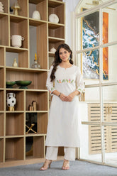 Off White Embroidered Cotton Kurta and Pant Set